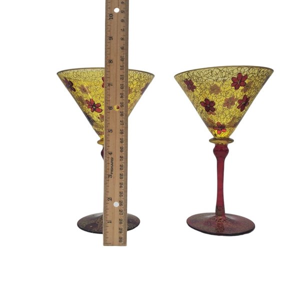 Set 2 Royal Danube Hand Painted Martini Crystal Glasses Romania Gold Red Flowers - Picture 9 of 9